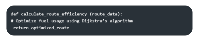 Code snippet demonstrating route efficiency calculation using Dijkstra’s algorithm to optimize fuel usage.